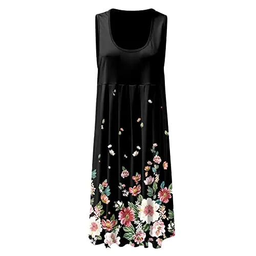 Women Summer Sleeveless Casual Printing Sundress Elegant Party Swing Short Dress Long Formal Dresses Sleeves (Black, XL)