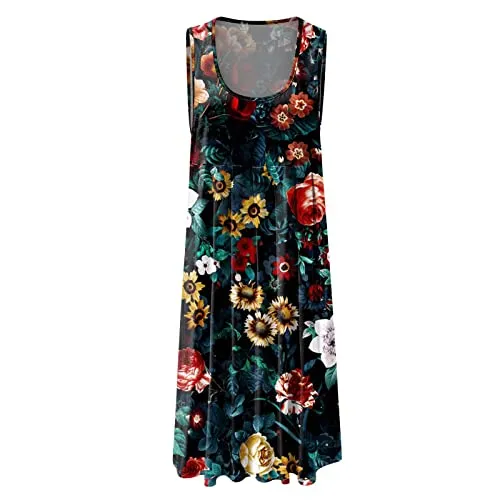 Women Summer Sleeveless Casual Printing Sundress Elegant Party Swing Short Dress Long Formal Dresses Sleeves (Black, XL)