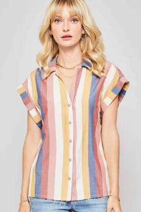 Woven Shirt In Multicolor Striped With Collared Neckline