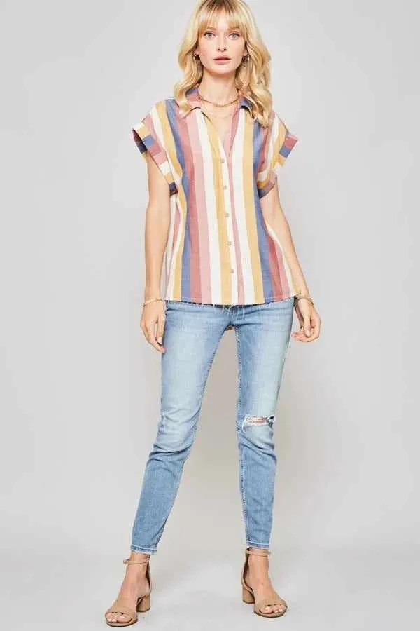 Woven Shirt In Multicolor Striped With Collared Neckline
