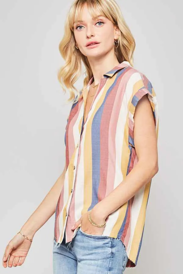 Woven Shirt In Multicolor Striped With Collared Neckline